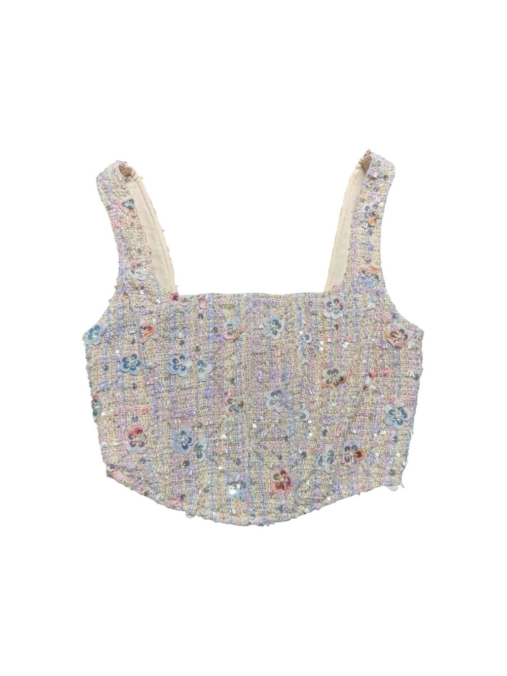 Altar’d State Pastel Tweed Sequin Floral Corset Crop Top XS
